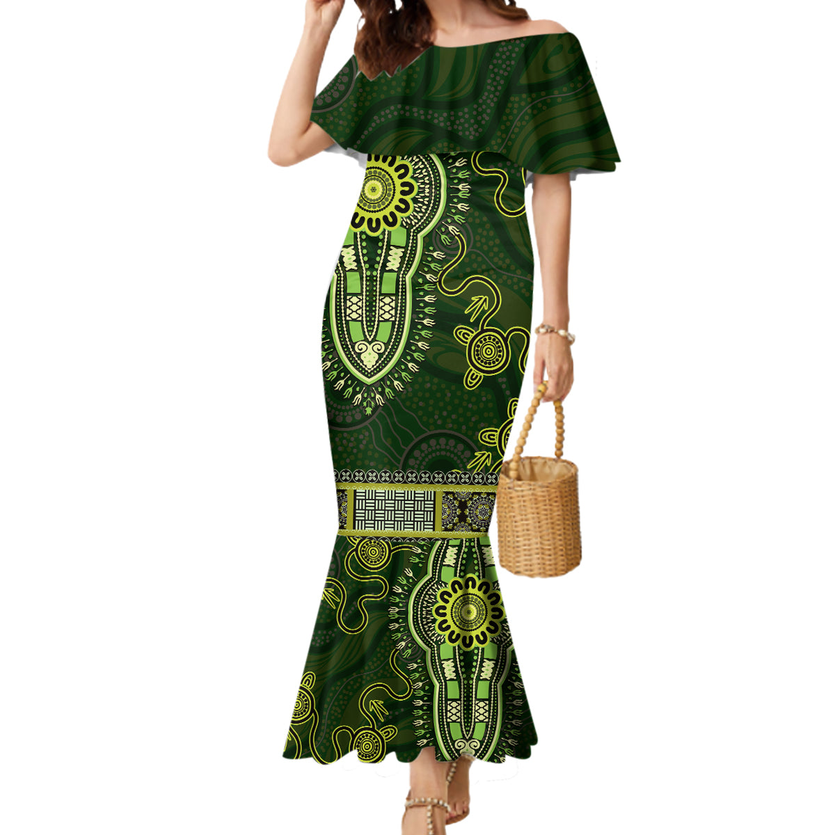 Lime Green African Dashiki With Australia Aboriginal Art Mermaid Dress