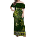 Lime Green African Dashiki With Australia Aboriginal Art Off Shoulder Maxi Dress