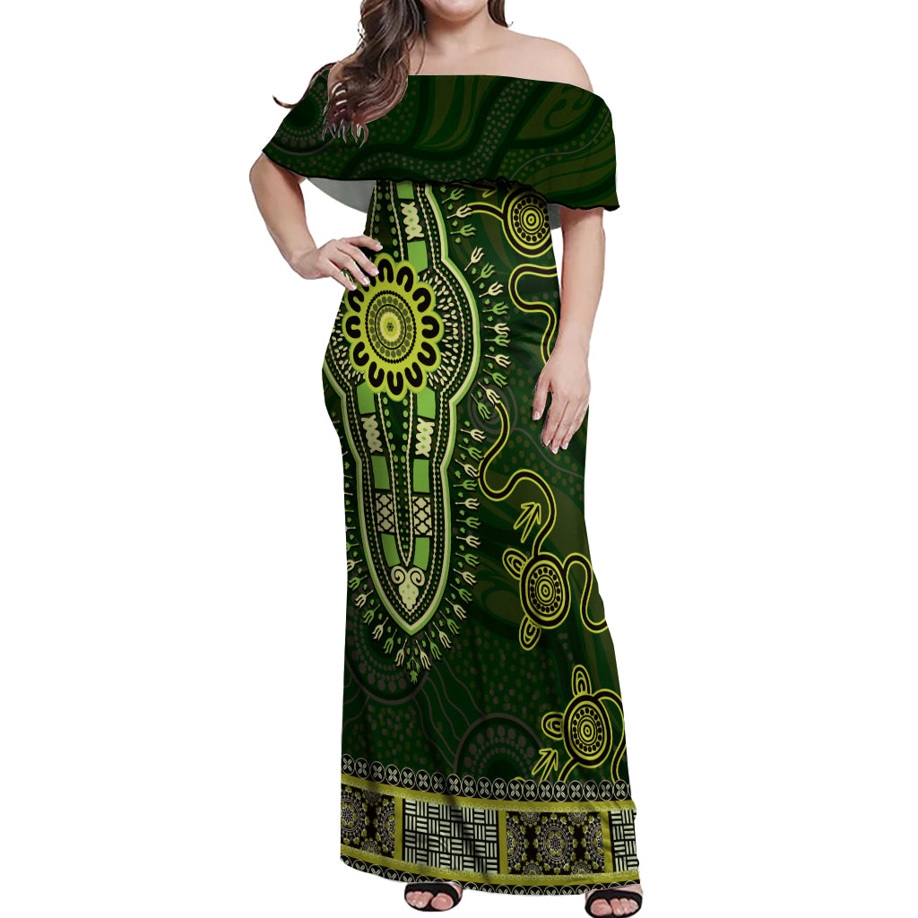 Lime Green African Dashiki With Australia Aboriginal Art Off Shoulder Maxi Dress