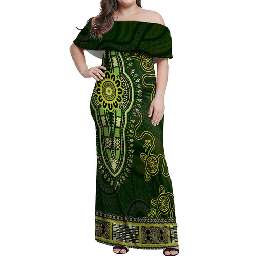 Lime Green African Dashiki With Australia Aboriginal Art Off Shoulder Maxi Dress