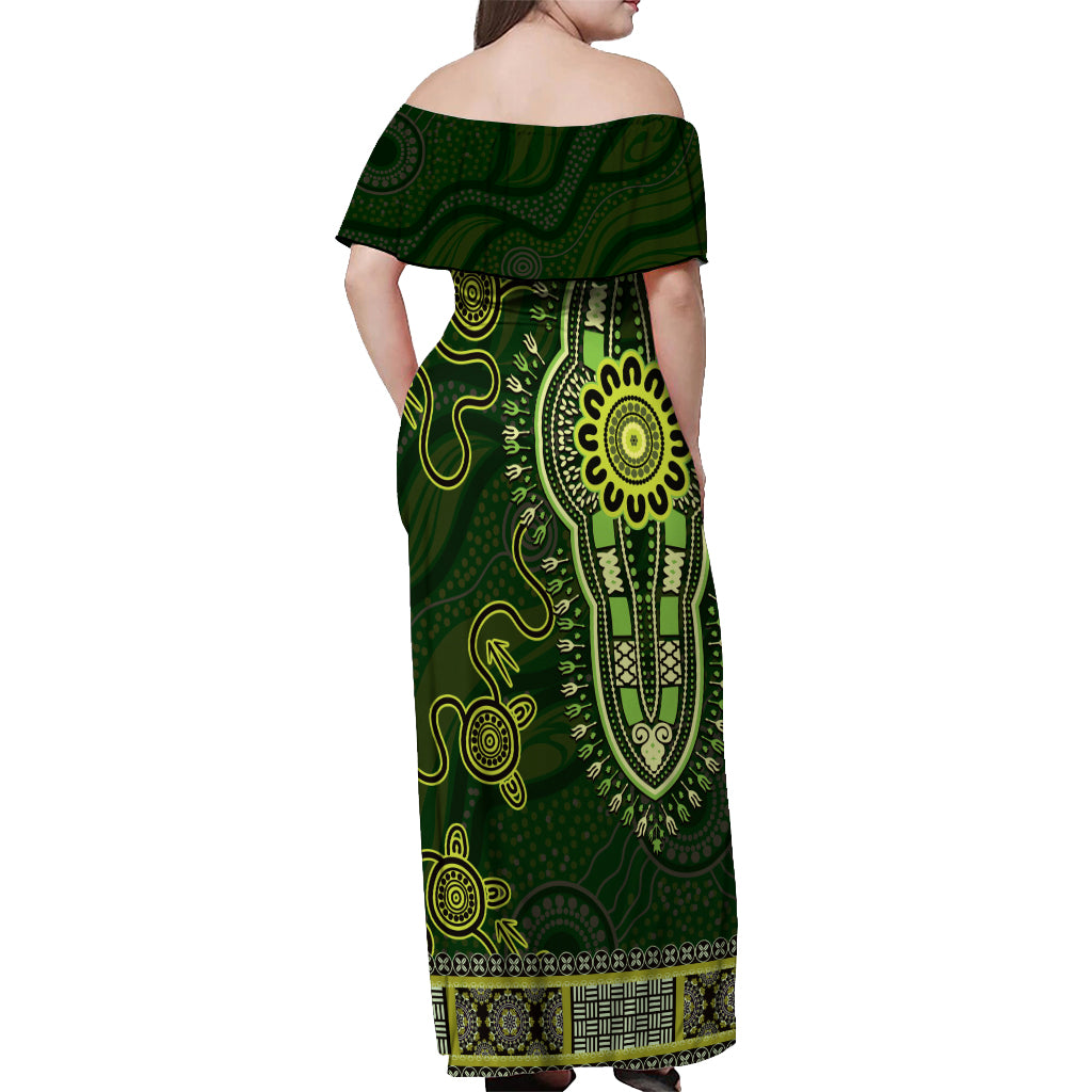 Lime Green African Dashiki With Australia Aboriginal Art Off Shoulder Maxi Dress