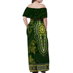 Lime Green African Dashiki With Australia Aboriginal Art Off Shoulder Maxi Dress