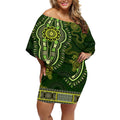 Lime Green African Dashiki With Australia Aboriginal Art Off Shoulder Short Dress