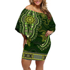 Lime Green African Dashiki With Australia Aboriginal Art Off Shoulder Short Dress