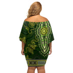 Lime Green African Dashiki With Australia Aboriginal Art Off Shoulder Short Dress