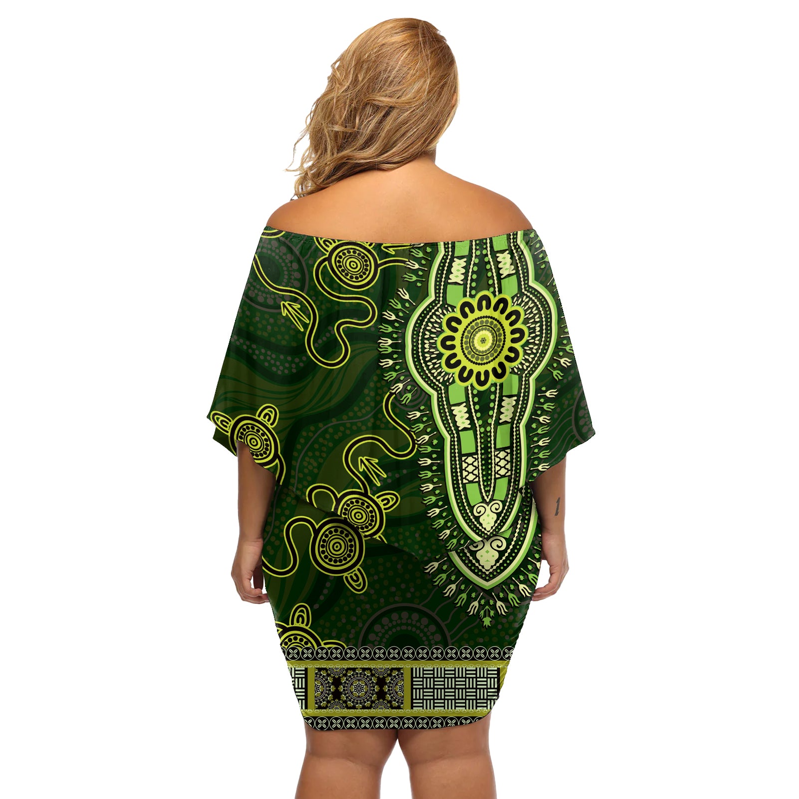 Lime Green African Dashiki With Australia Aboriginal Art Off Shoulder Short Dress