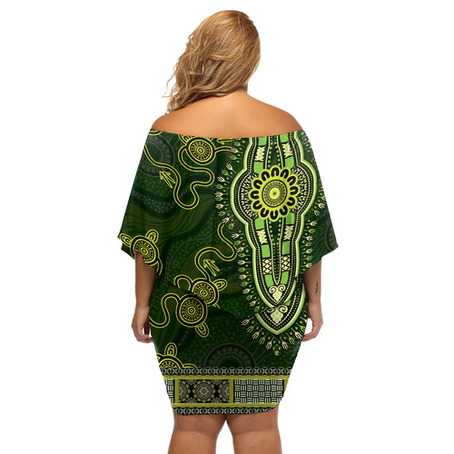 Lime Green African Dashiki With Australia Aboriginal Art Off Shoulder Short Dress