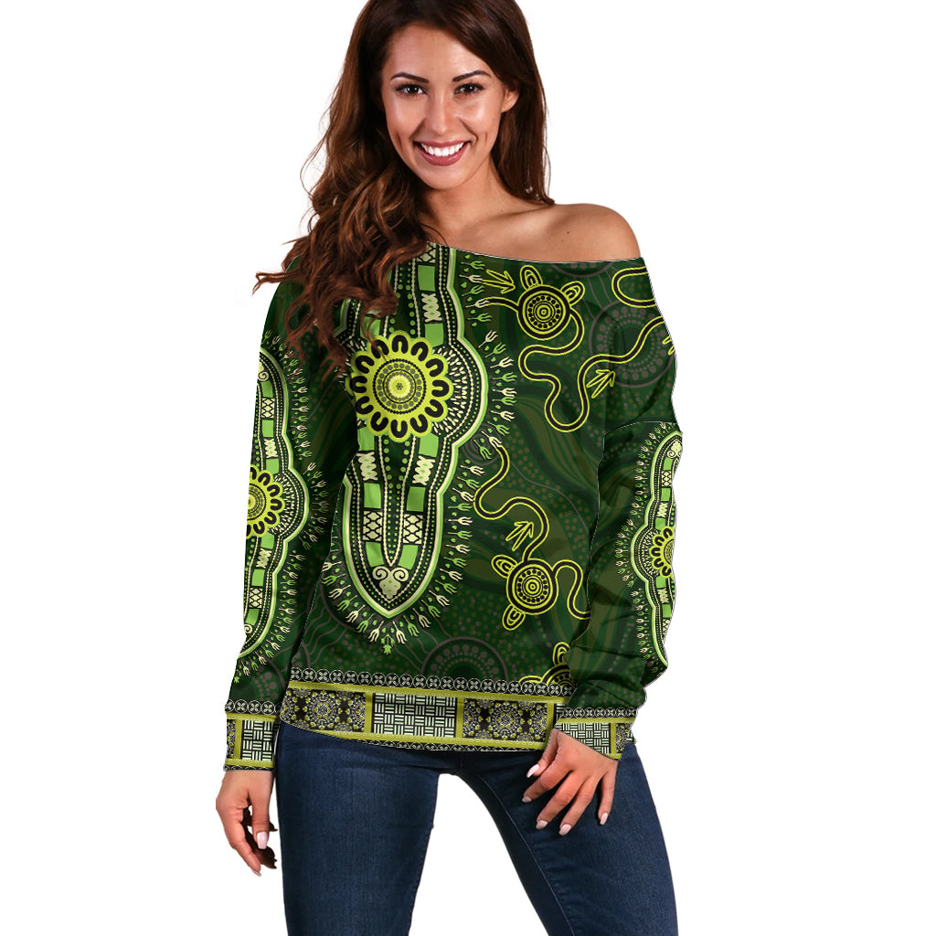 Lime Green African Dashiki With Australia Aboriginal Art Off Shoulder Sweater