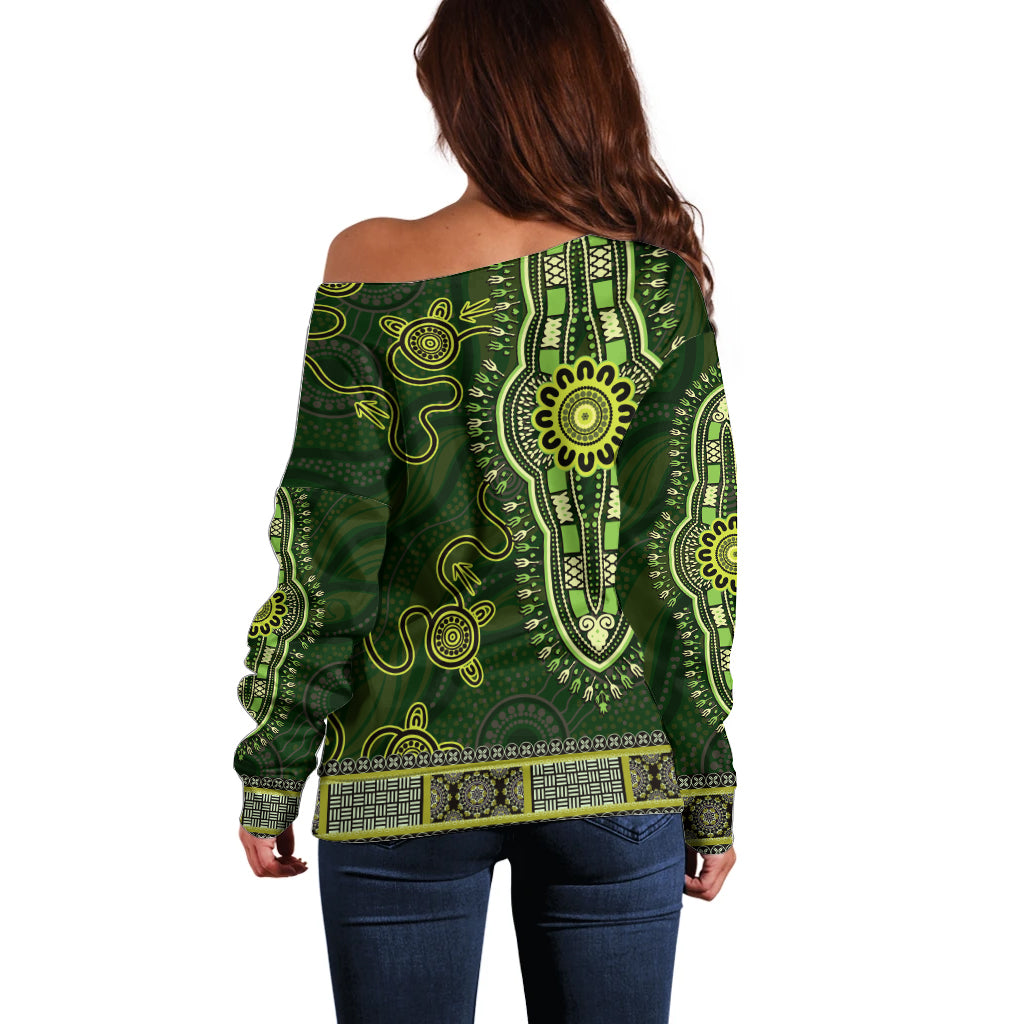 Lime Green African Dashiki With Australia Aboriginal Art Off Shoulder Sweater