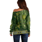 Lime Green African Dashiki With Australia Aboriginal Art Off Shoulder Sweater