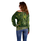 Lime Green African Dashiki With Australia Aboriginal Art Off Shoulder Sweater