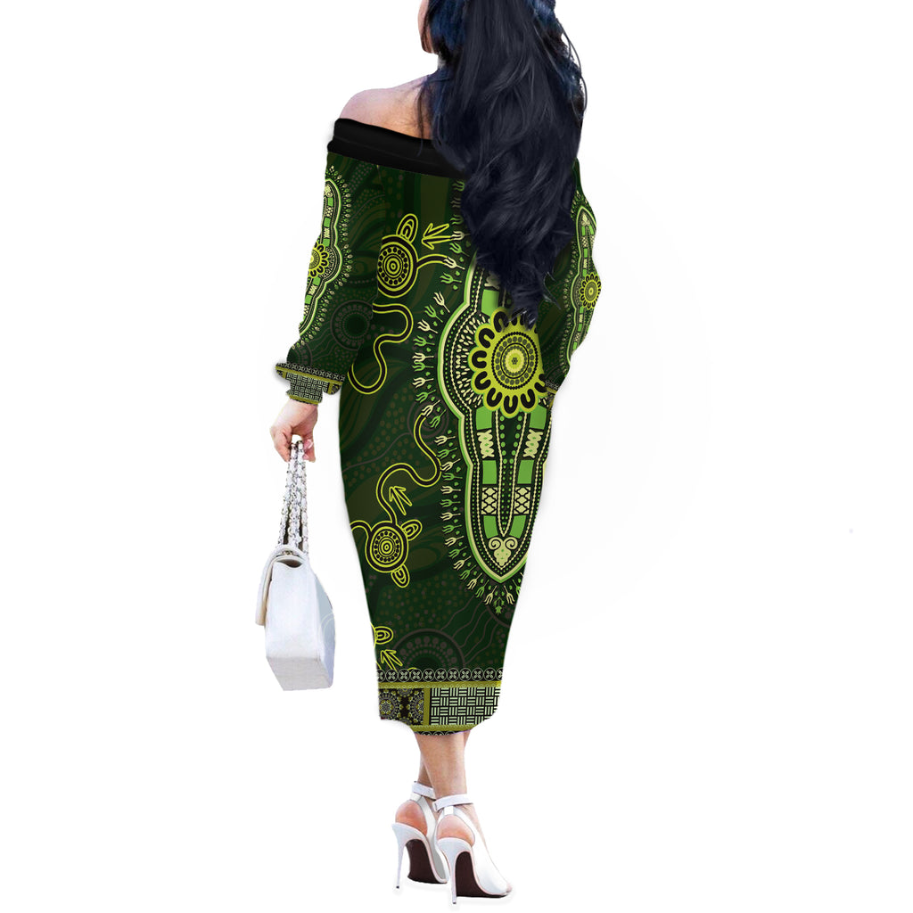 Lime Green African Dashiki With Australia Aboriginal Art Off The Shoulder Long Sleeve Dress