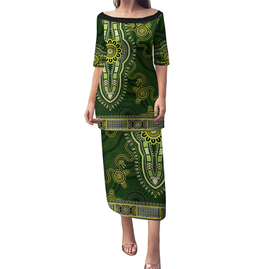 Lime Green African Dashiki With Australia Aboriginal Art Puletasi