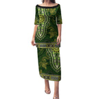 Lime Green African Dashiki With Australia Aboriginal Art Puletasi