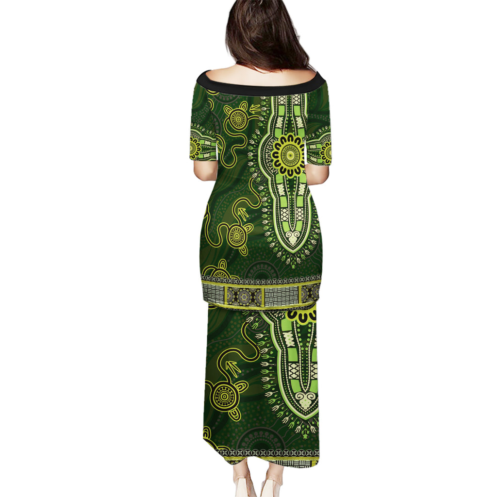 Lime Green African Dashiki With Australia Aboriginal Art Puletasi