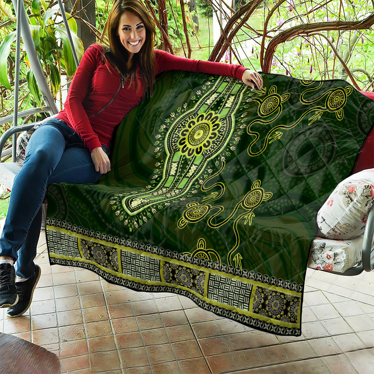 Lime Green African Dashiki With Australia Aboriginal Art Quilt