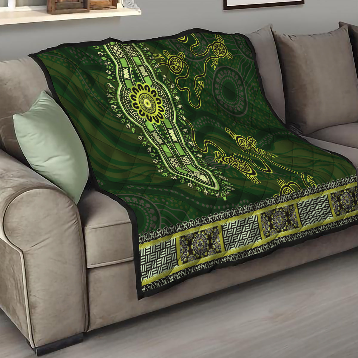 Lime Green African Dashiki With Australia Aboriginal Art Quilt