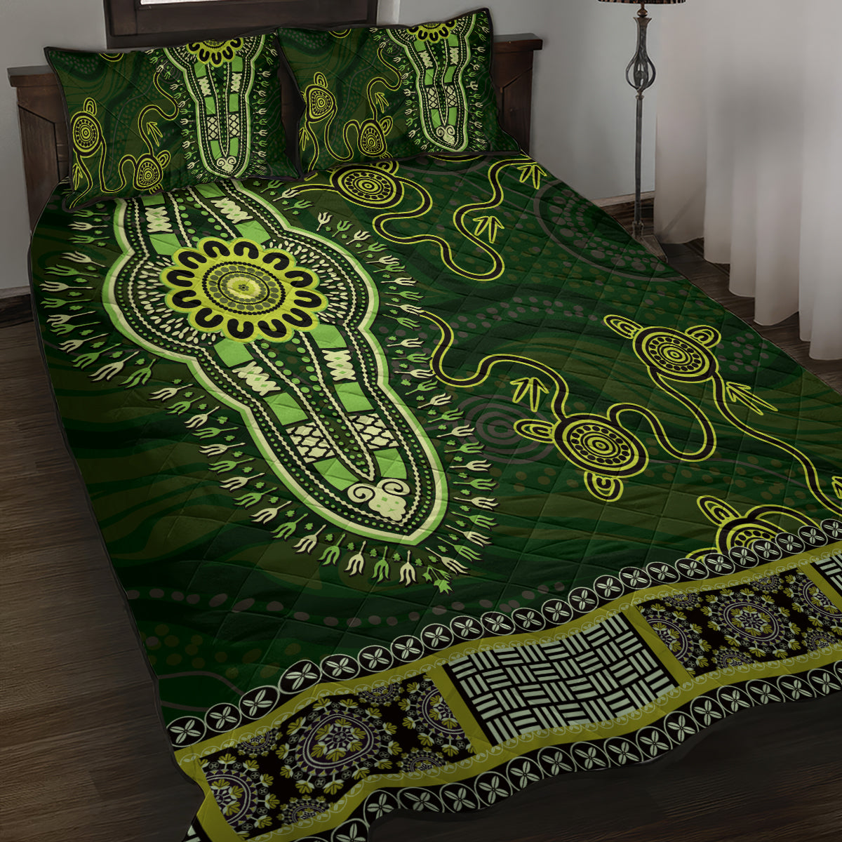 Lime Green African Dashiki With Australia Aboriginal Art Quilt Bed Set