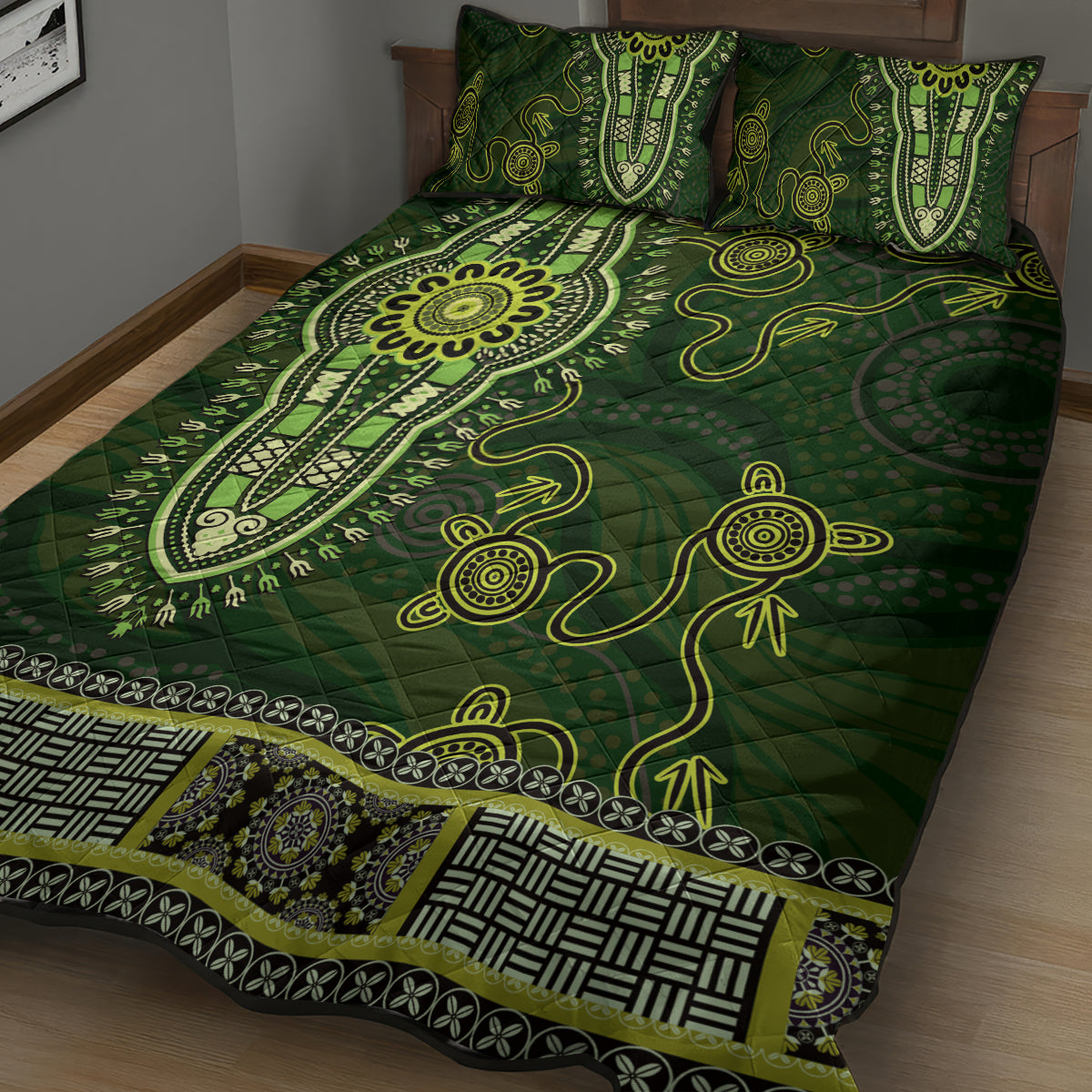 Lime Green African Dashiki With Australia Aboriginal Art Quilt Bed Set