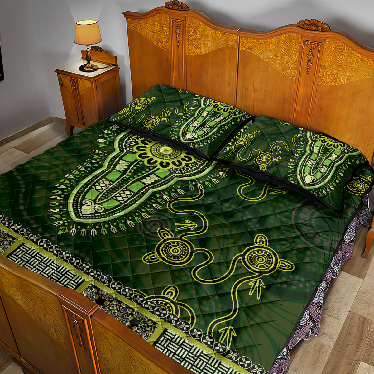 Lime Green African Dashiki With Australia Aboriginal Art Quilt Bed Set