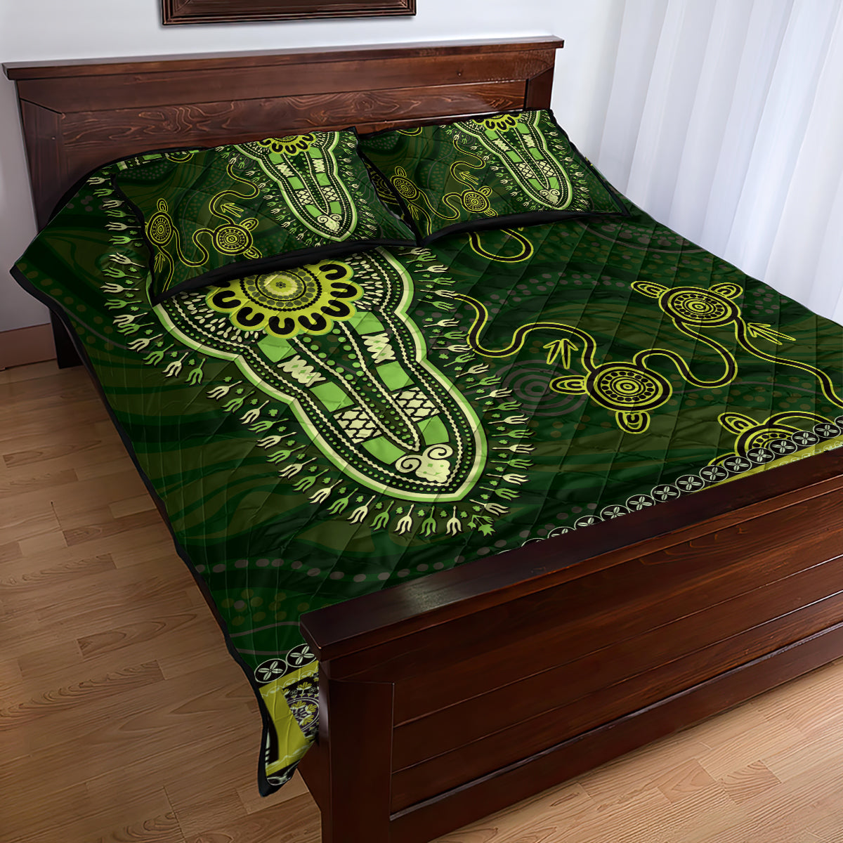 Lime Green African Dashiki With Australia Aboriginal Art Quilt Bed Set