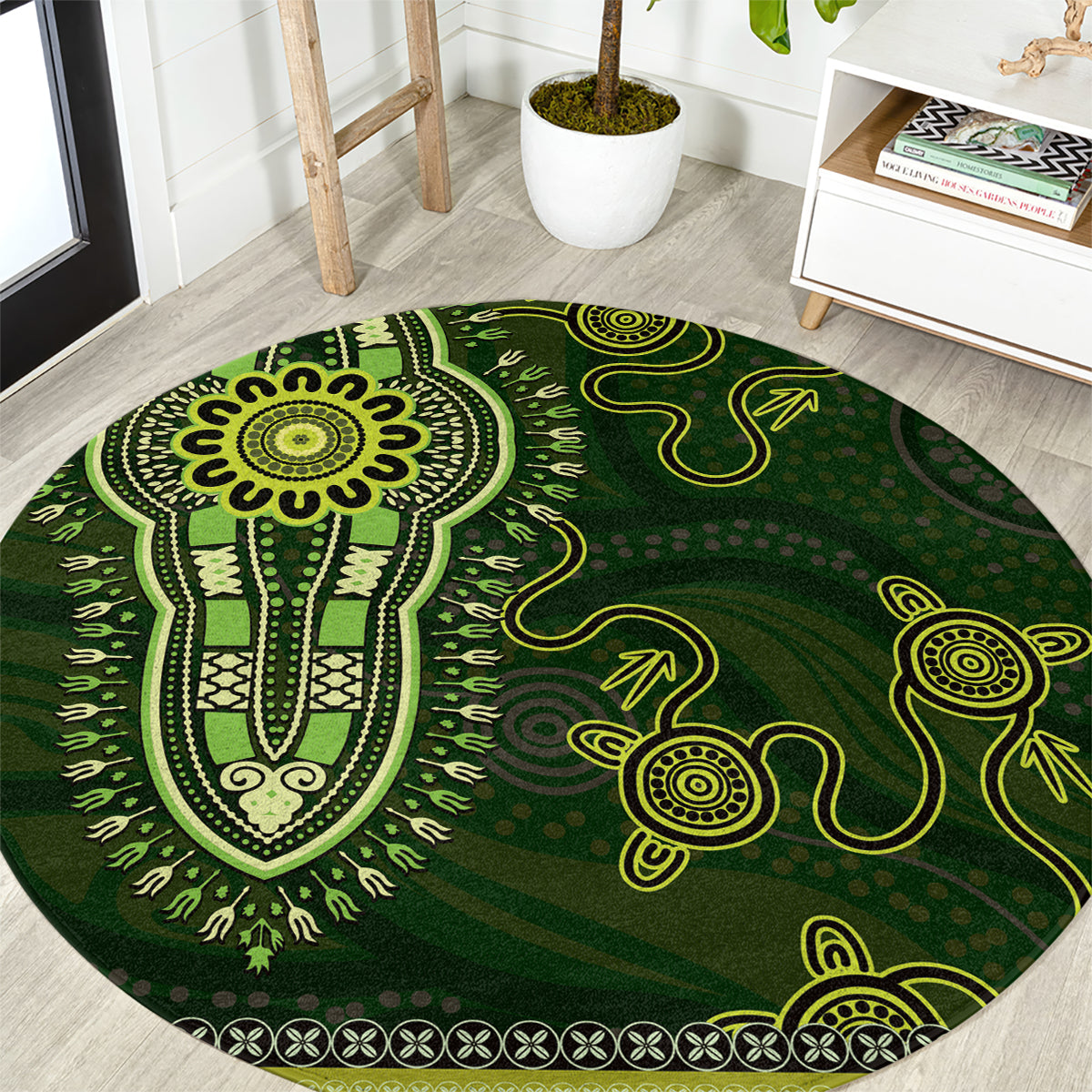 Lime Green African Dashiki With Australia Aboriginal Art Round Carpet