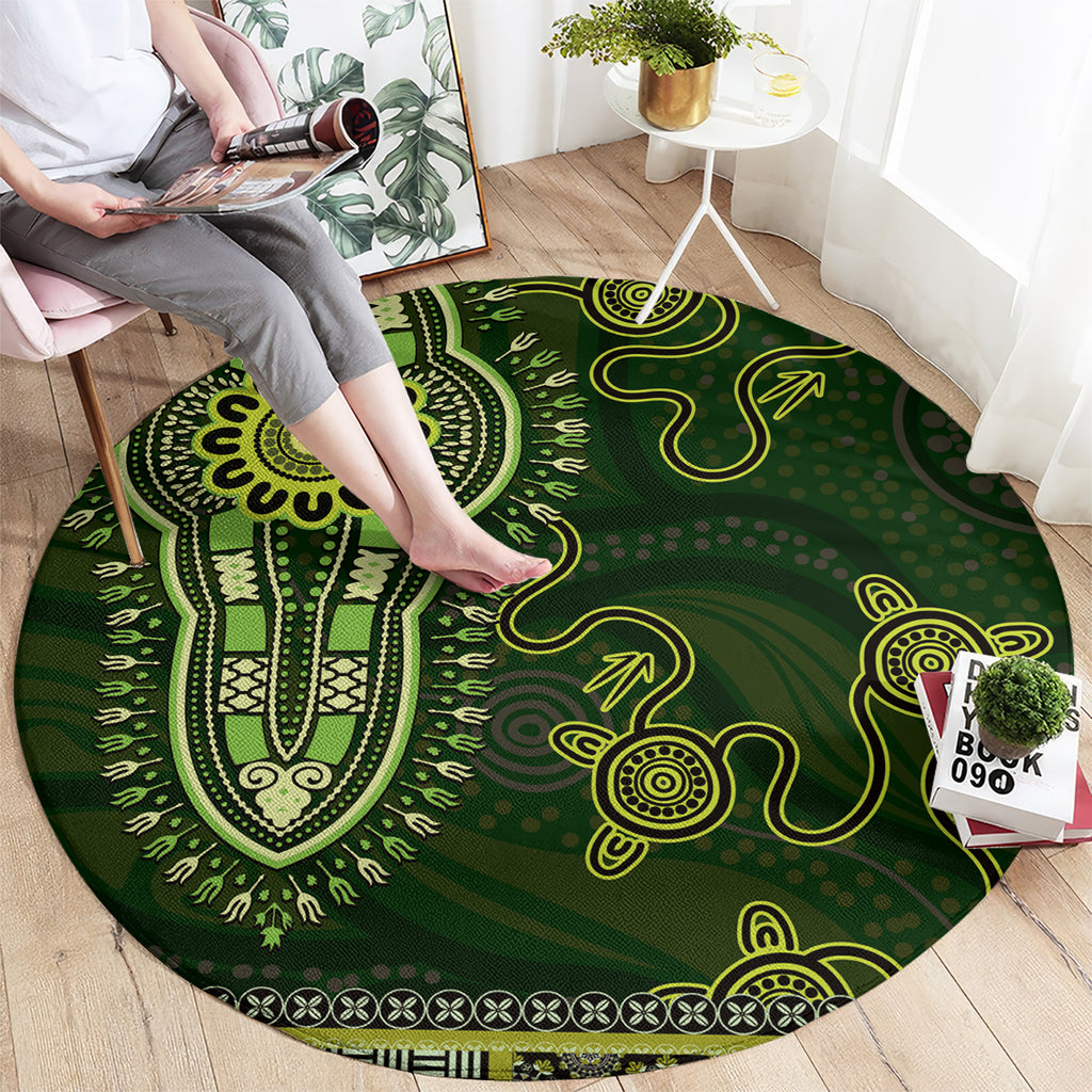 Lime Green African Dashiki With Australia Aboriginal Art Round Carpet