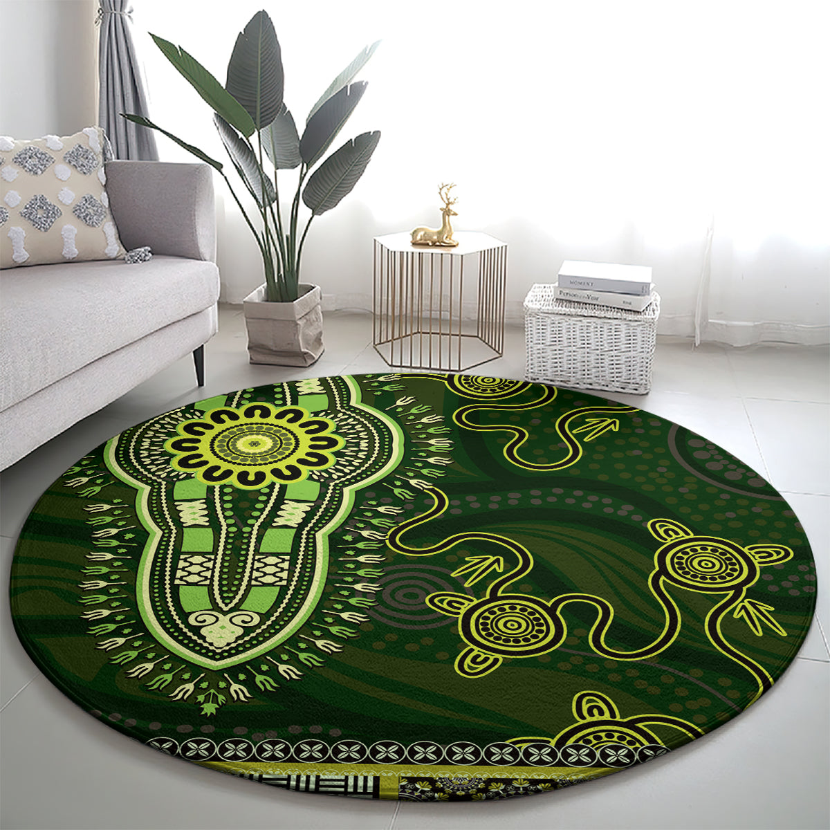 Lime Green African Dashiki With Australia Aboriginal Art Round Carpet