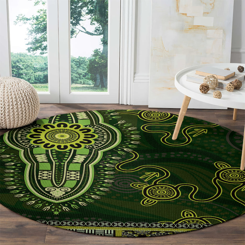 Lime Green African Dashiki With Australia Aboriginal Art Round Carpet