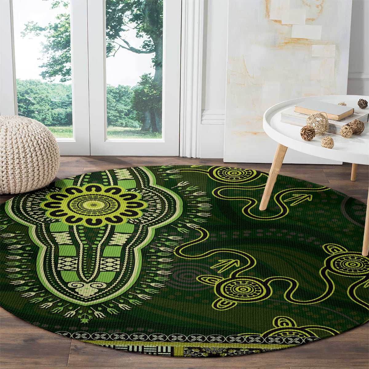 Lime Green African Dashiki With Australia Aboriginal Art Round Carpet