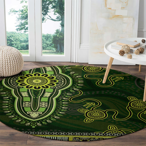 Lime Green African Dashiki With Australia Aboriginal Art Round Carpet