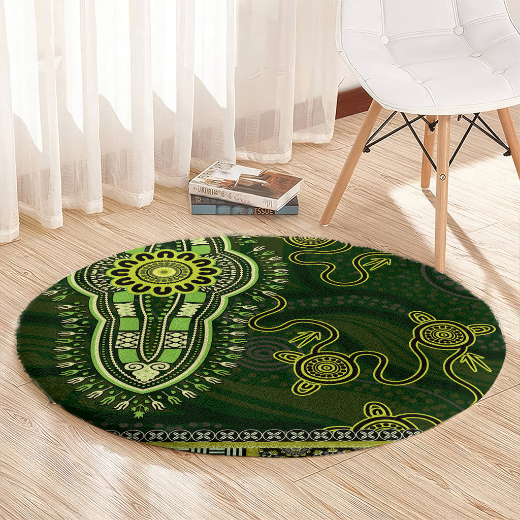 Lime Green African Dashiki With Australia Aboriginal Art Round Carpet