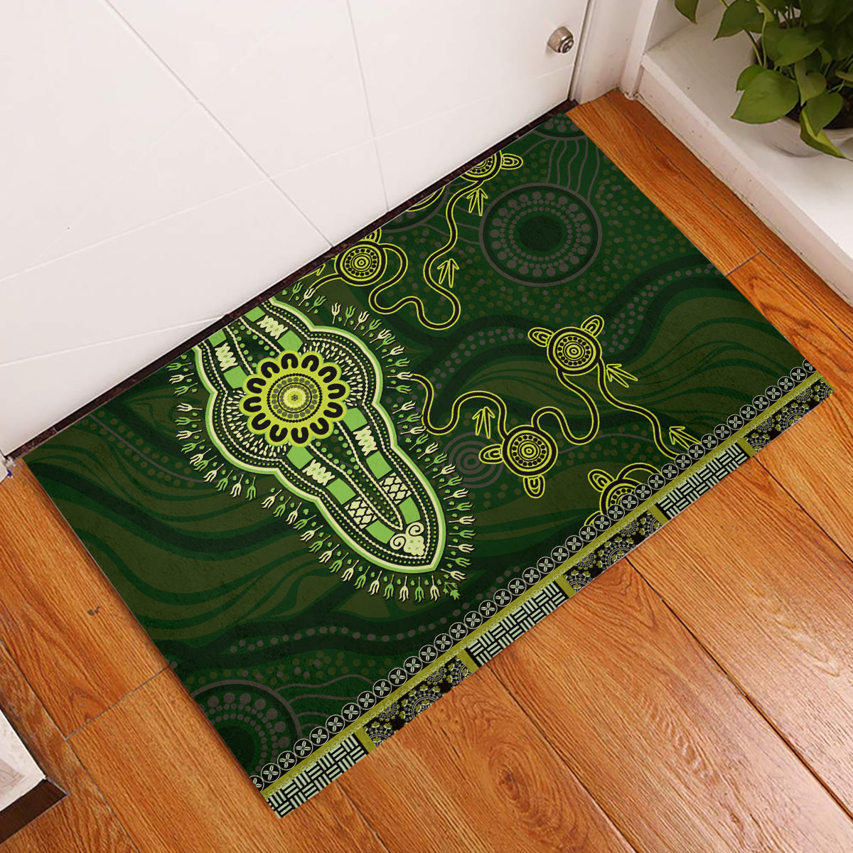 Lime Green African Dashiki With Australia Aboriginal Art Rubber Doormat
