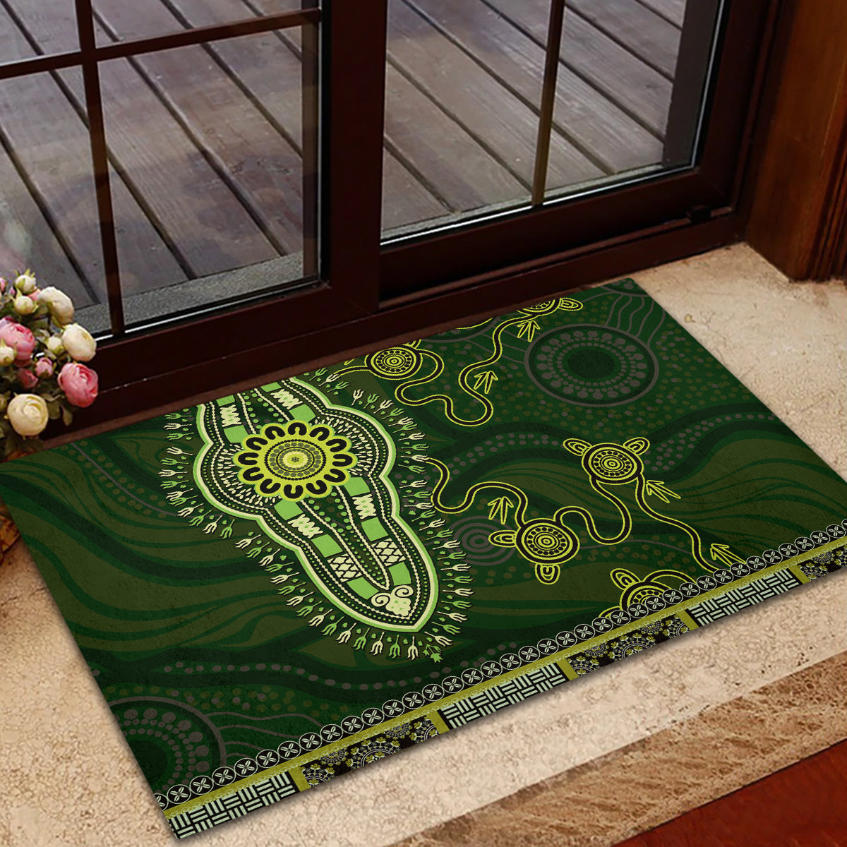 Lime Green African Dashiki With Australia Aboriginal Art Rubber Doormat