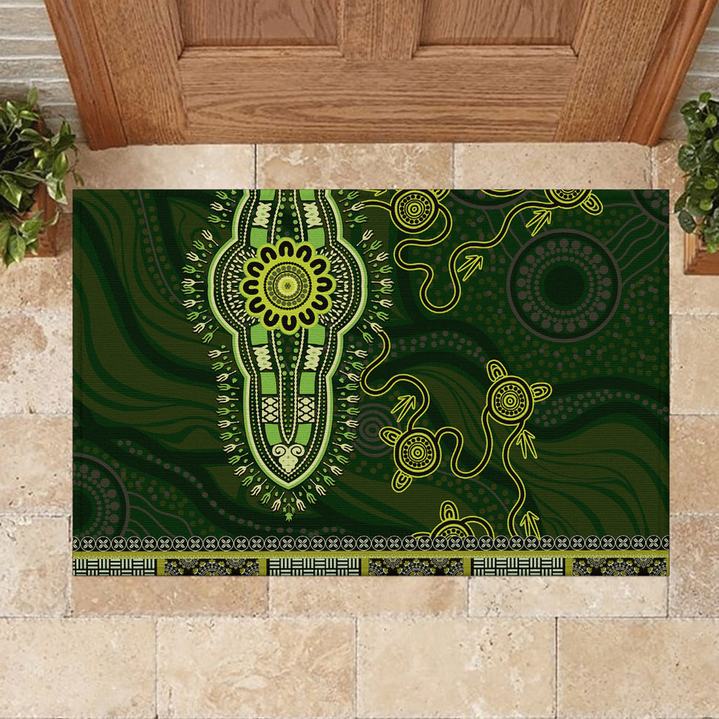 Lime Green African Dashiki With Australia Aboriginal Art Rubber Doormat