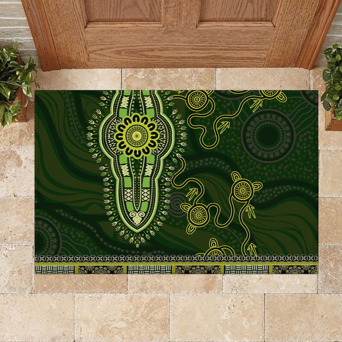 Lime Green African Dashiki With Australia Aboriginal Art Rubber Doormat