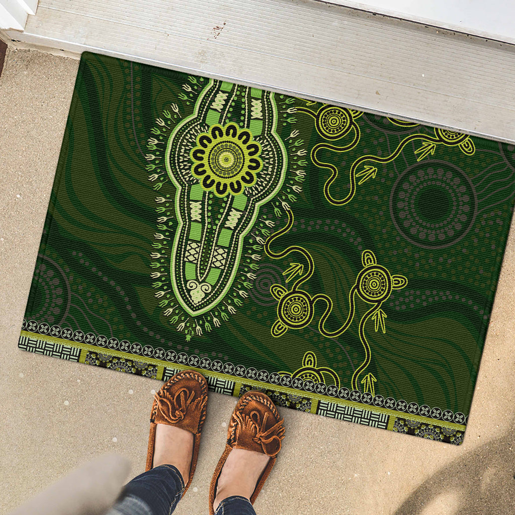 Lime Green African Dashiki With Australia Aboriginal Art Rubber Doormat