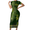 Lime Green African Dashiki With Australia Aboriginal Art Short Sleeve Bodycon Dress