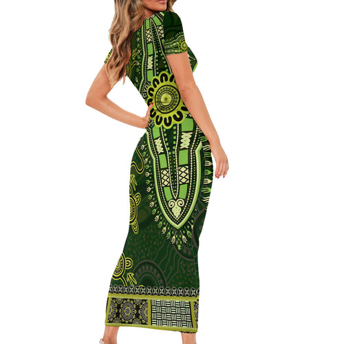 Lime Green African Dashiki With Australia Aboriginal Art Short Sleeve Bodycon Dress