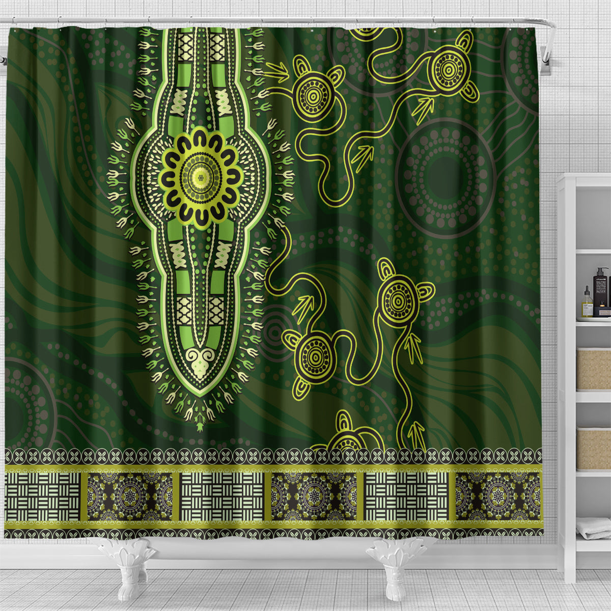 Lime Green African Dashiki With Australia Aboriginal Art Shower Curtain