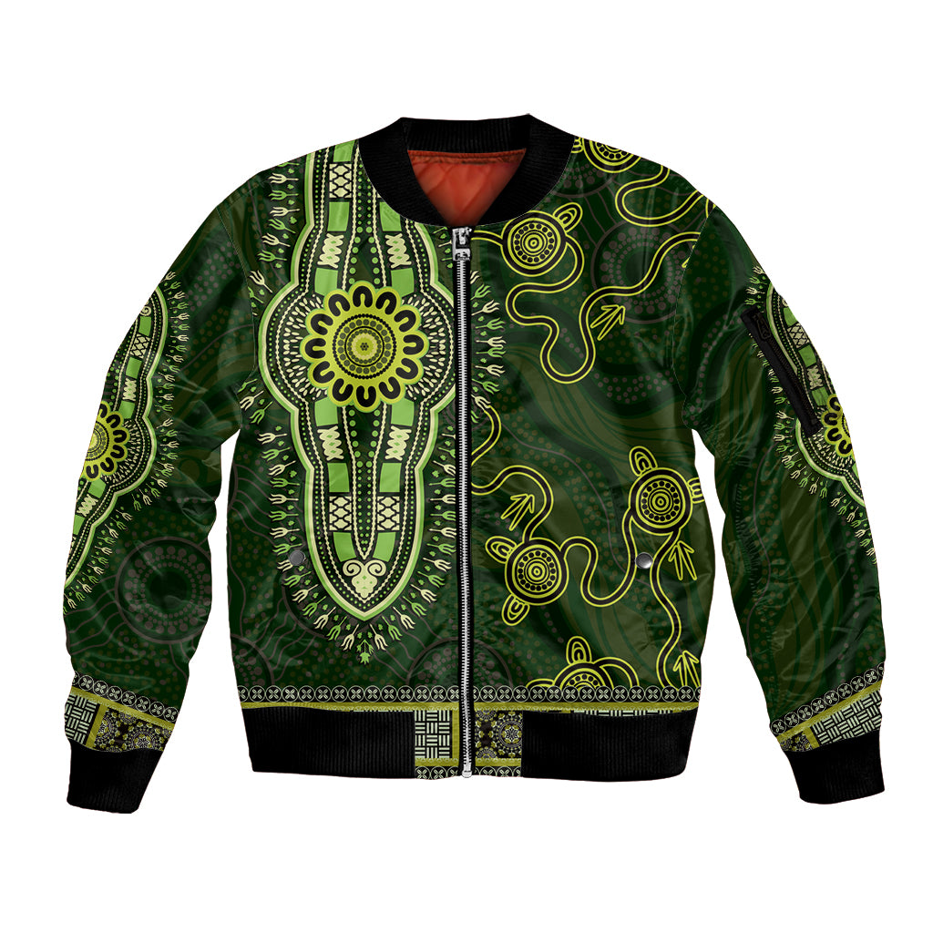 Lime Green African Dashiki With Australia Aboriginal Art Sleeve Zip Bomber Jacket