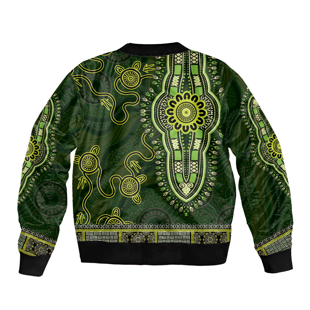 Lime Green African Dashiki With Australia Aboriginal Art Sleeve Zip Bomber Jacket
