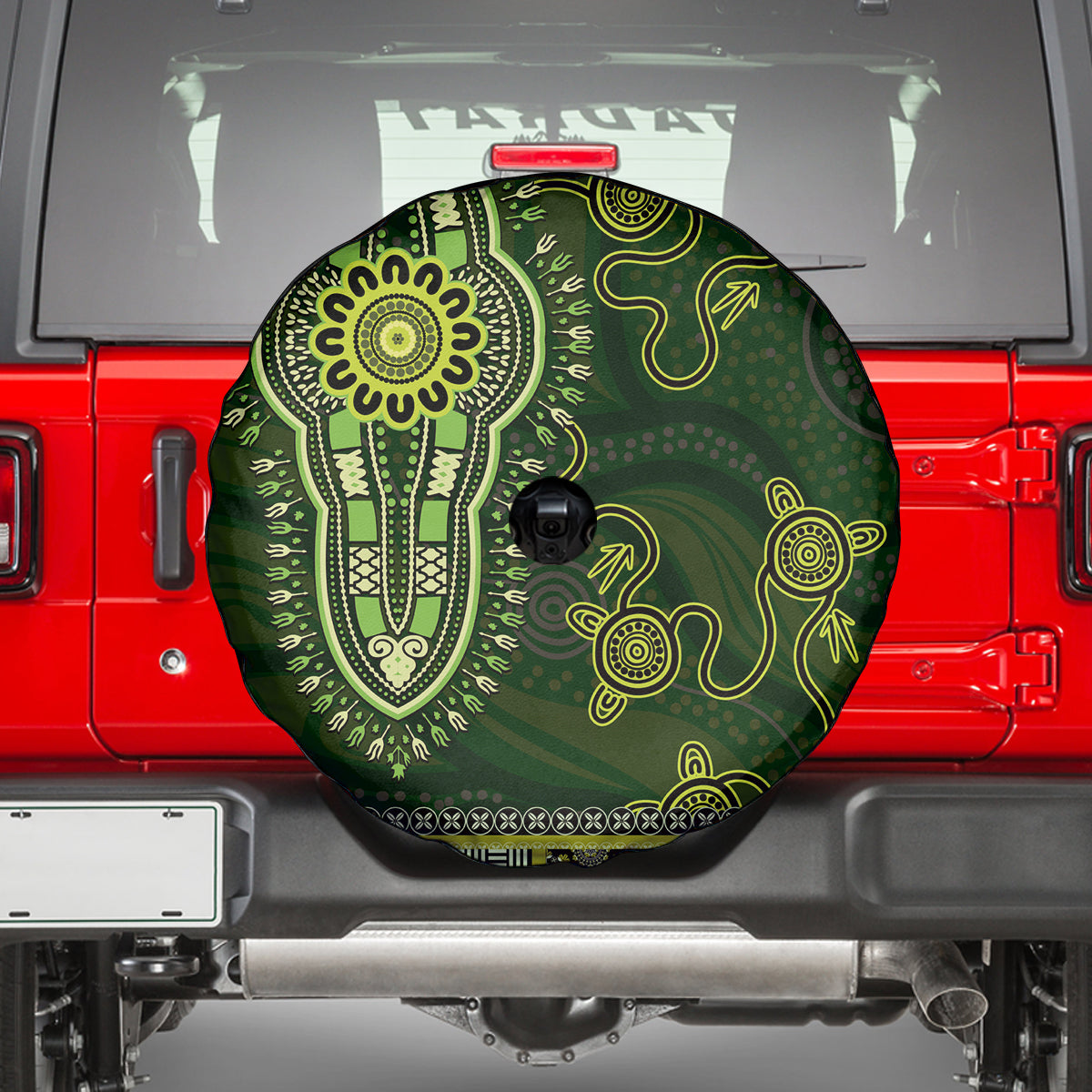 Lime Green African Dashiki With Australia Aboriginal Art Spare Tire Cover