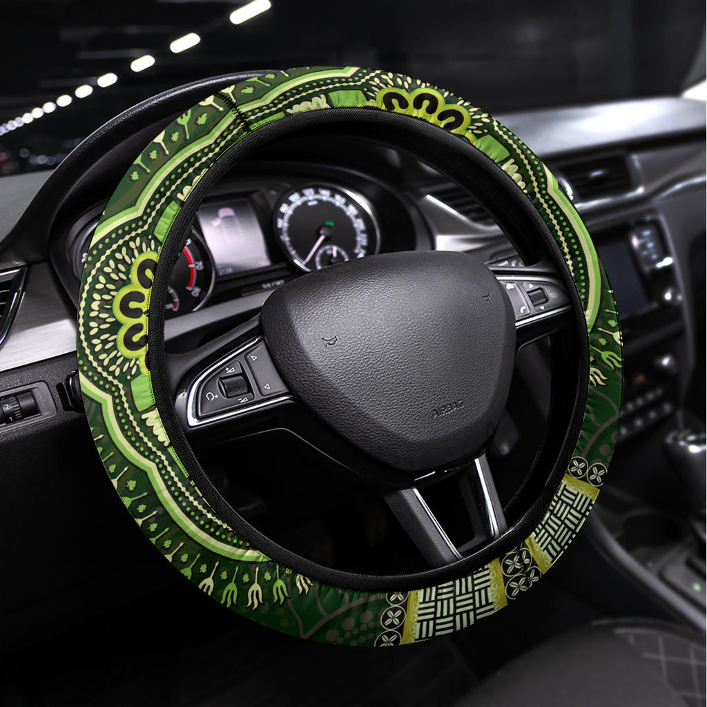 Lime Green African Dashiki With Australia Aboriginal Art Steering Wheel Cover