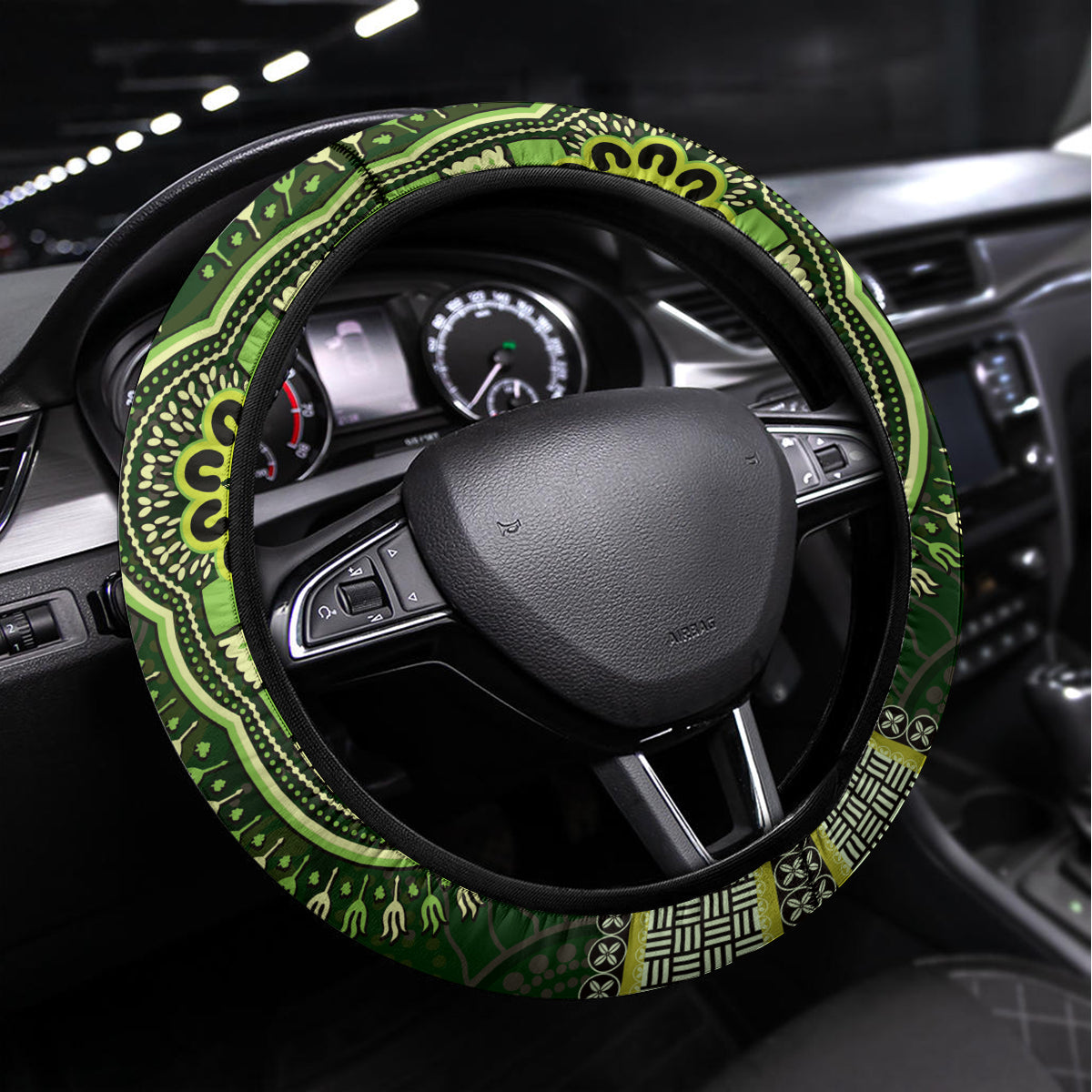 Lime Green African Dashiki With Australia Aboriginal Art Steering Wheel Cover