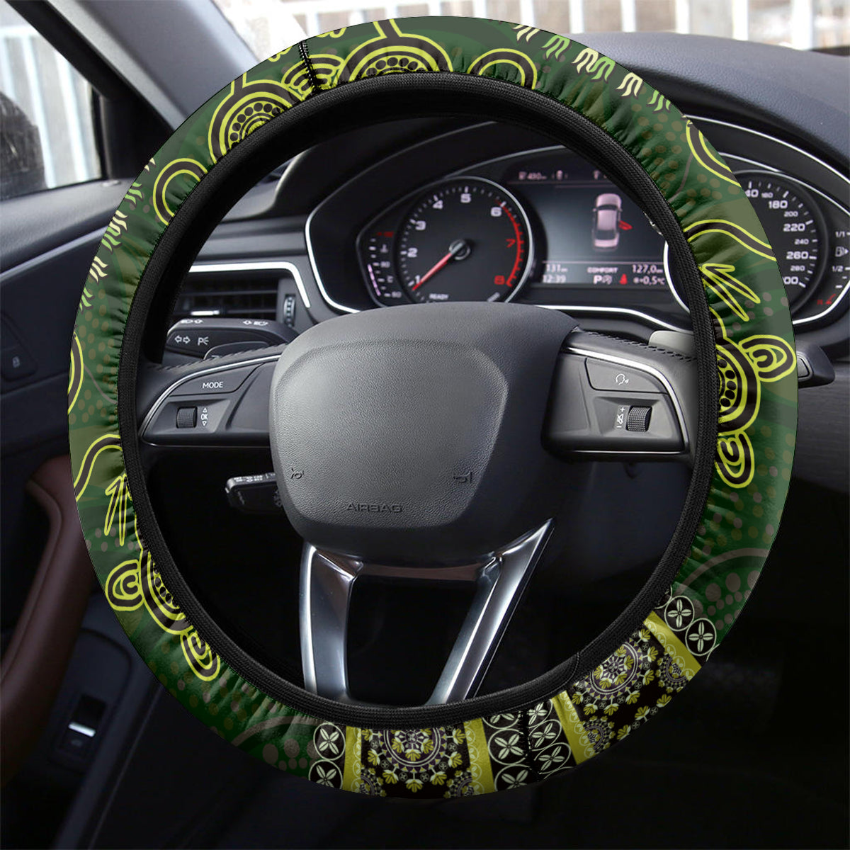 Lime Green African Dashiki With Australia Aboriginal Art Steering Wheel Cover