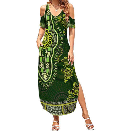 Lime Green African Dashiki With Australia Aboriginal Art Summer Maxi Dress