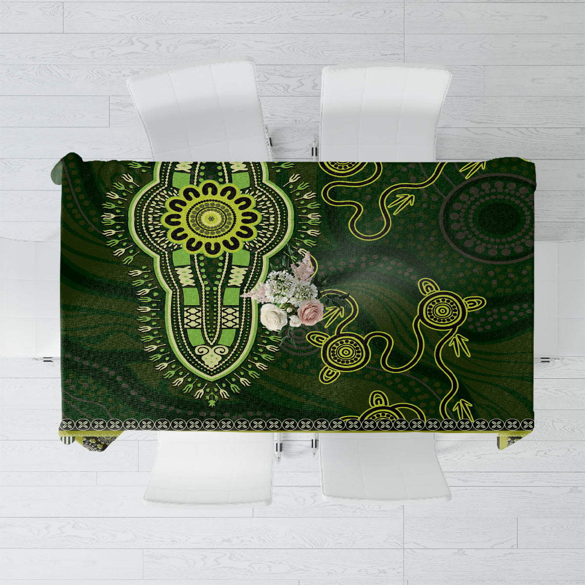 Lime Green African Dashiki With Australia Aboriginal Art Tablecloth
