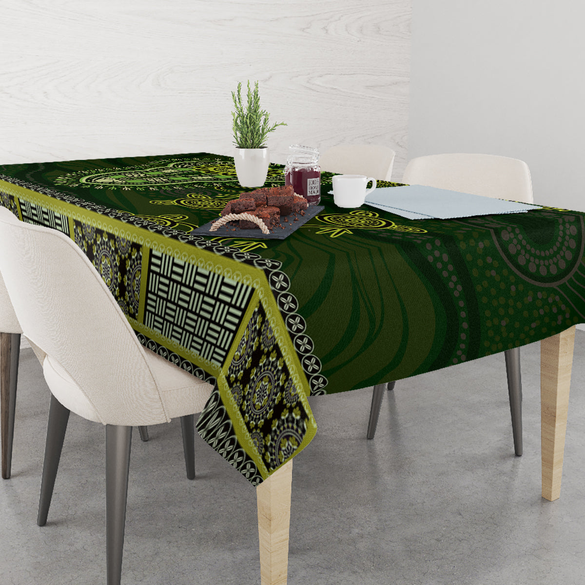 Lime Green African Dashiki With Australia Aboriginal Art Tablecloth