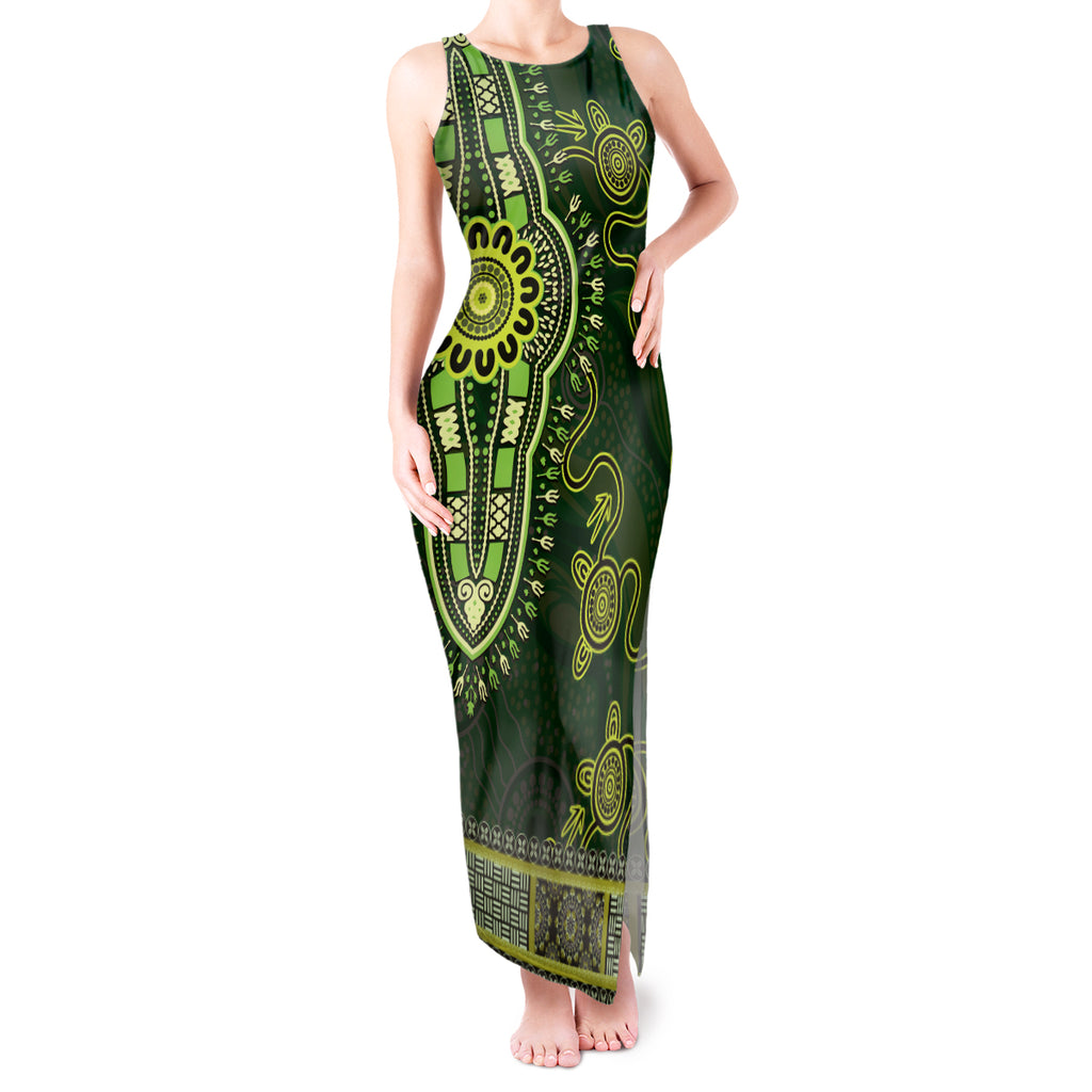 Lime Green African Dashiki With Australia Aboriginal Art Tank Maxi Dress